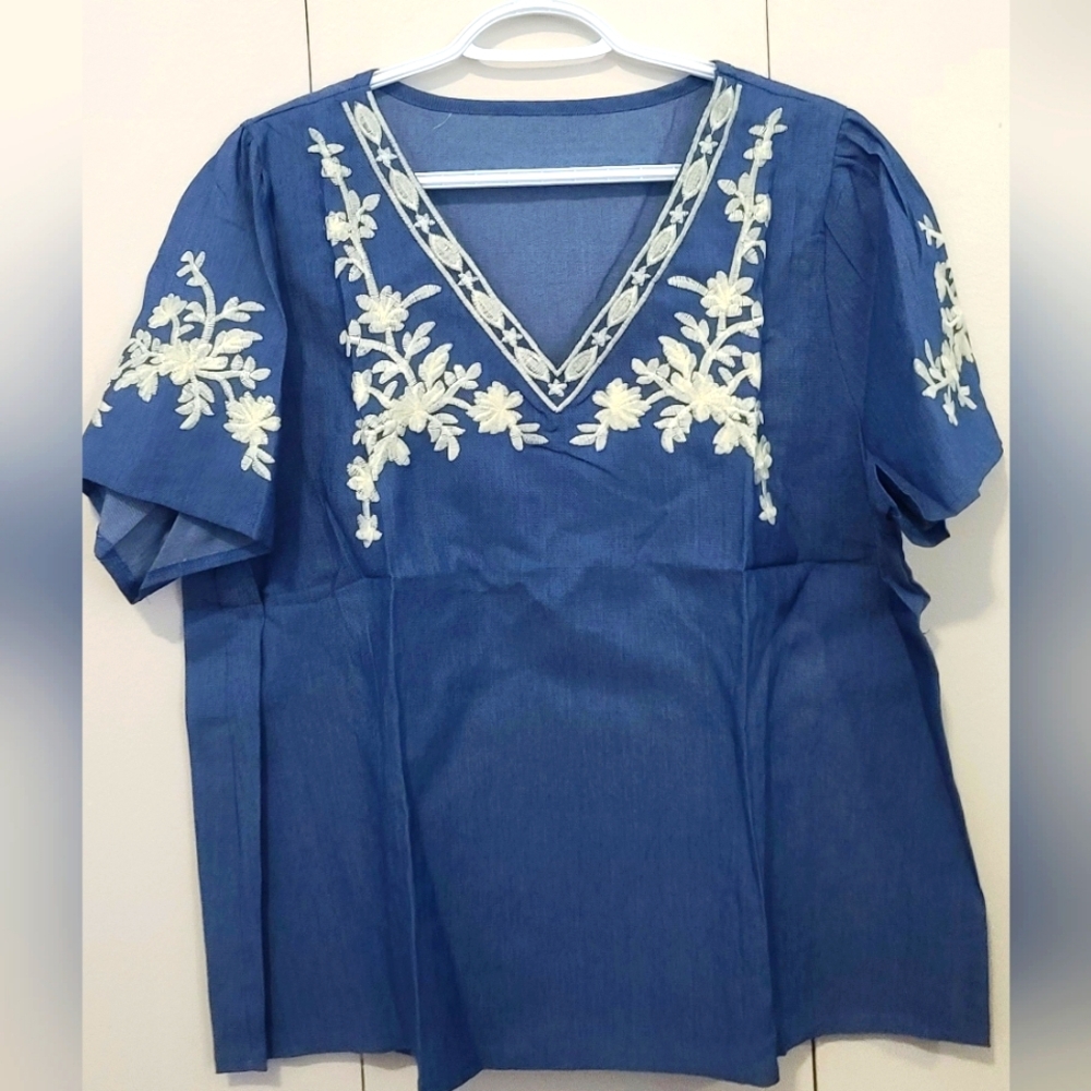 Cute soft jean blouse flair bottom with flower embroidery, one size fits…